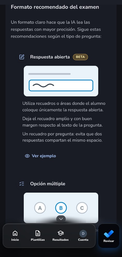 Formato recomendado del examen en la guía de RevisaFacil