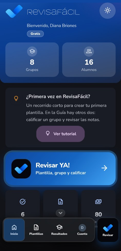 Pantalla de inicio de RevisaFacil en el teléfono